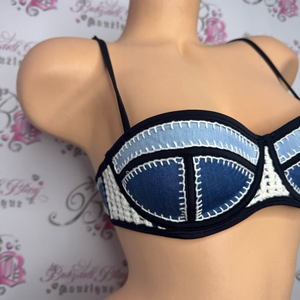 Triangl swimwear top bikini denim jean crochet blue navy cream snap back closure - Picture 8 of 14